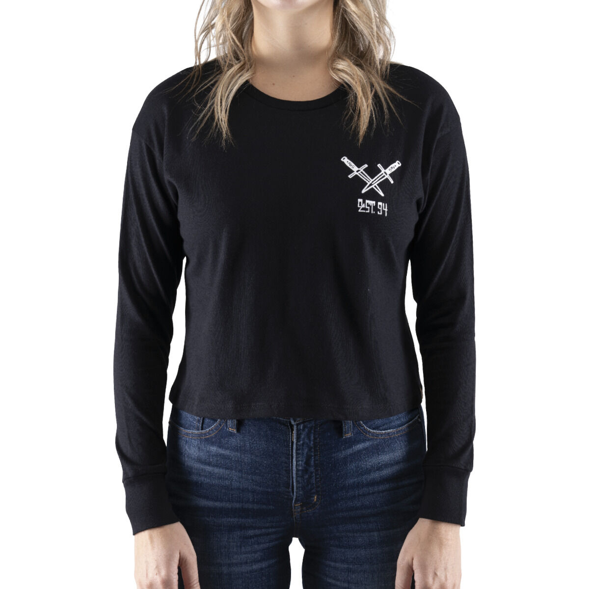 WOMEN'S TROUBLE AHEAD LS TEE, Black-, hi-res image number null